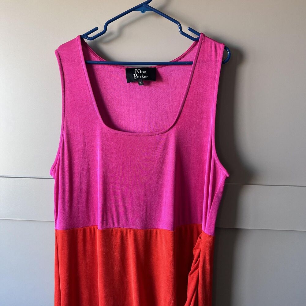 Nina Parker Dress Womens 3X Pink Red Colorblock Sleeveless Ruched Tulip Hem Maxi - Picture 3 of 9